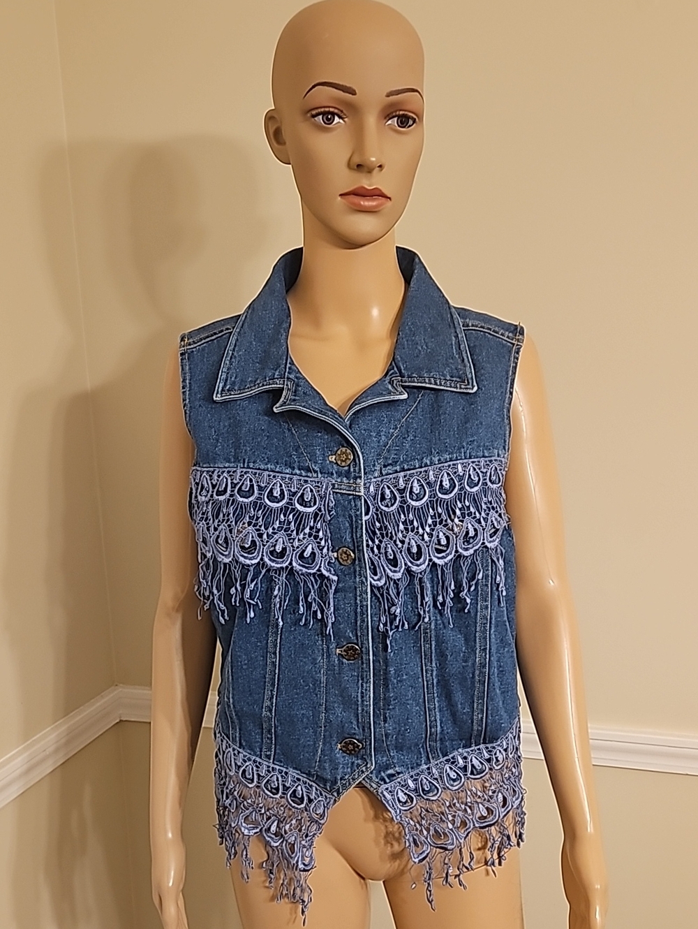 Sleeveless Blue Denim Fringe Vest - Women's Denim Top